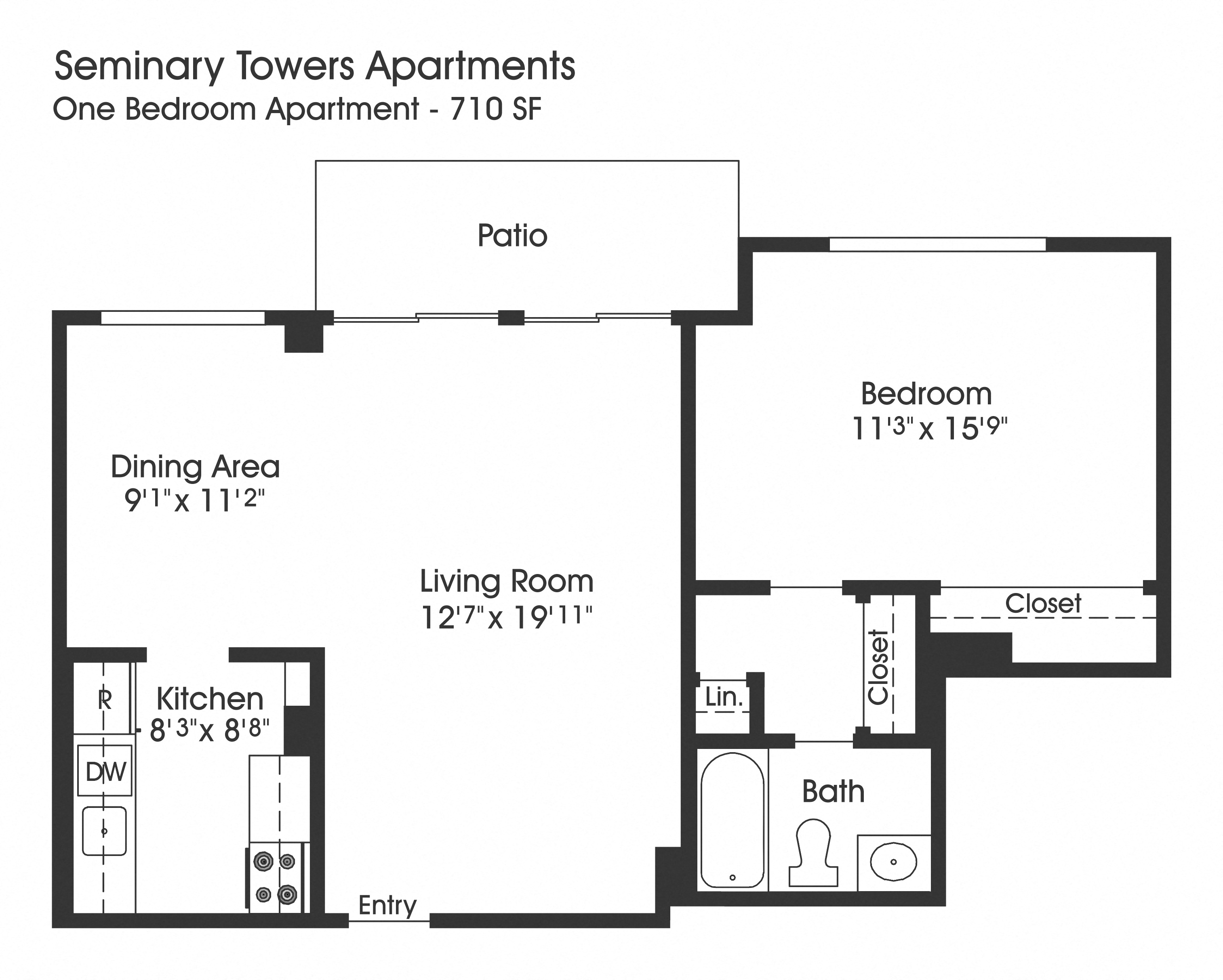 Floor plan for 1 bed, 1 bath, 710 sqft